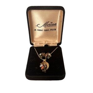 Vtg 14k Gold Filled Opal, Jade, Coral & Tiger Eye Necklace and Earrings in Box